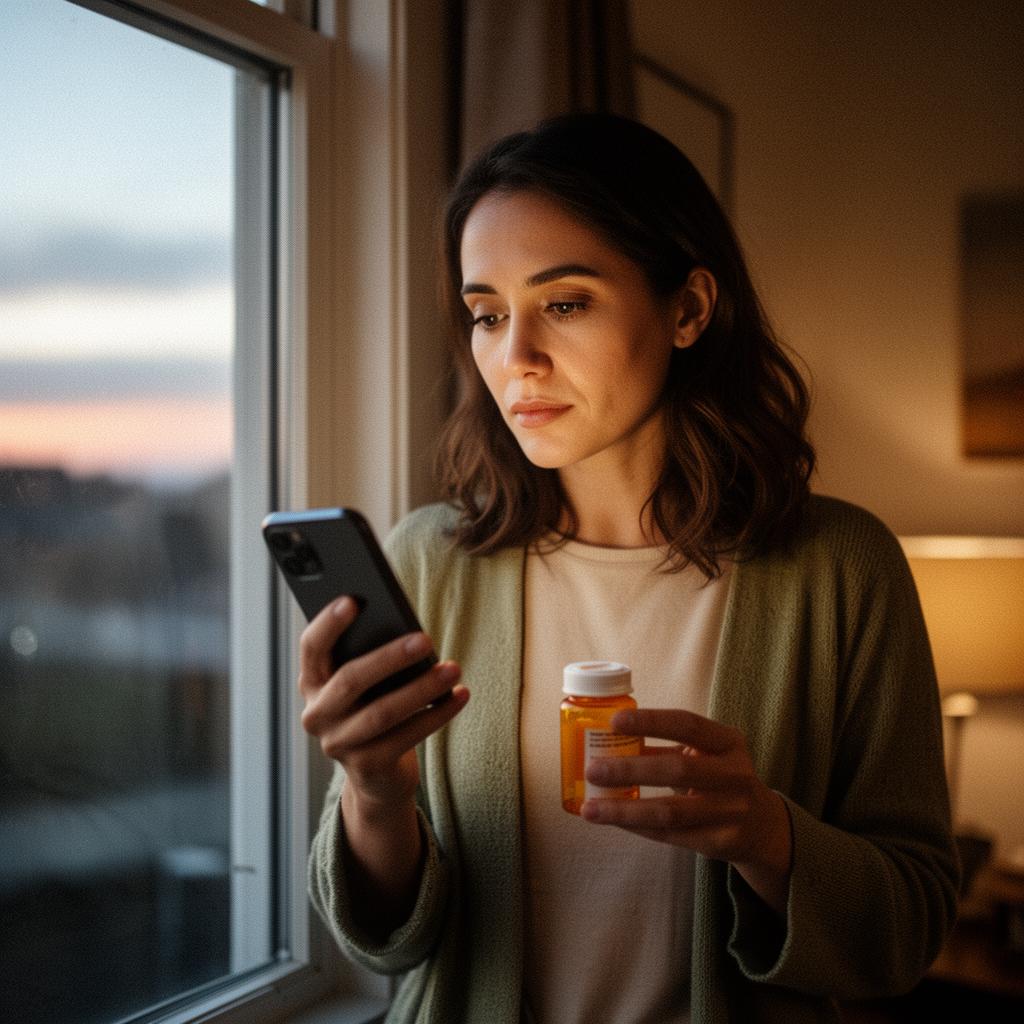A woman sitting by a window at dusk, looking thoughtful